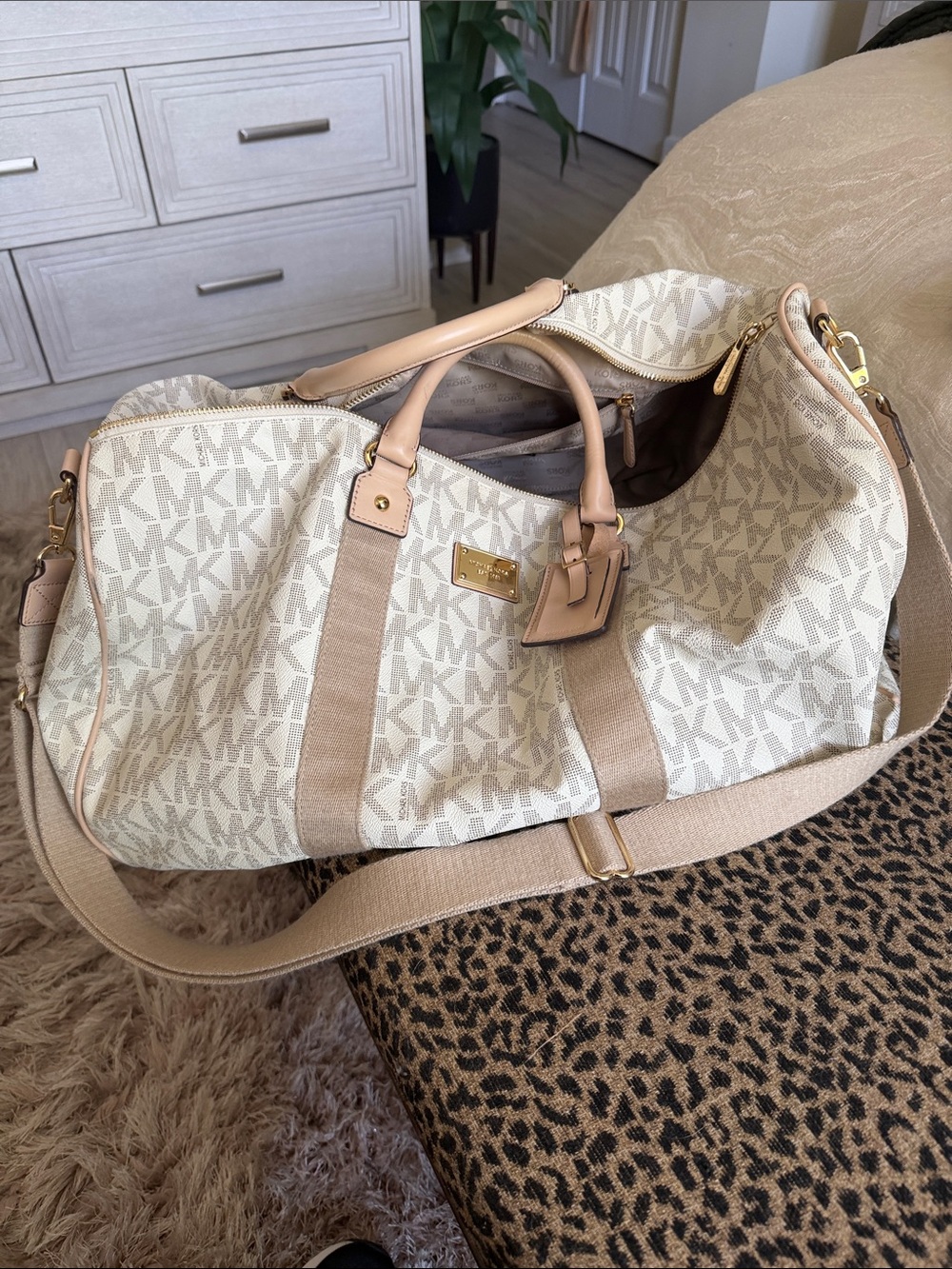 Michael Kors Cream Monogram Canvas Travel Duffel with Tan Trim